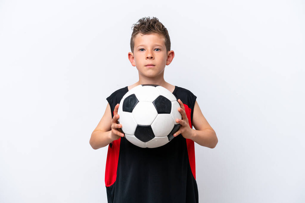Little caucasian boy isolated on white background with soccer ball - Foto, immagini