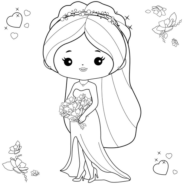 Beautiful bride in a cute wedding dress. Vector black and white coloring page - Vektor, Bild