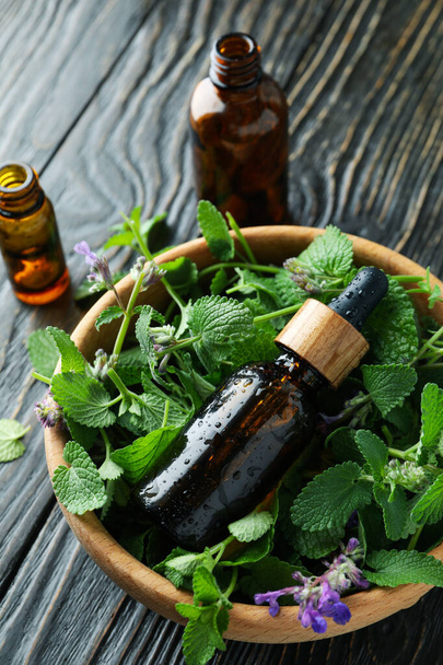 Concept of aromatherapy with mint on wooden background - Photo, image