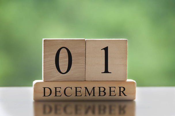 1. Dezember Text auf Holzklötzen mit verschwommenem Naturhintergrund. Kalenderkonzept - Foto, Bild