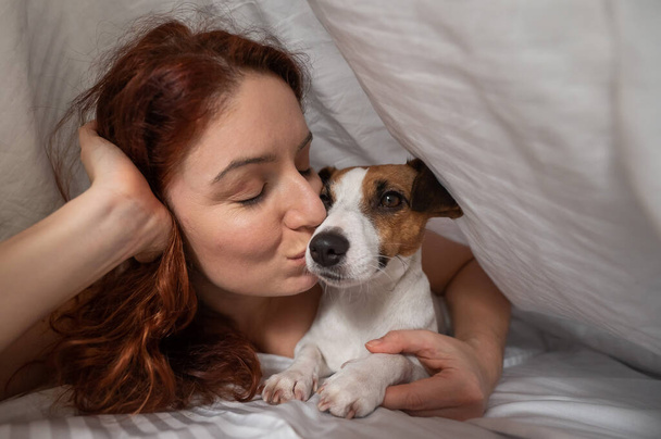 Caucasian red-haired woman sleeps in an embrace with a jack russell terrier dog on a white sheet - Foto, immagini