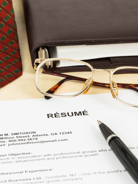 Resume, pen, neck tie, glasses, and notebook - Photo, Image
