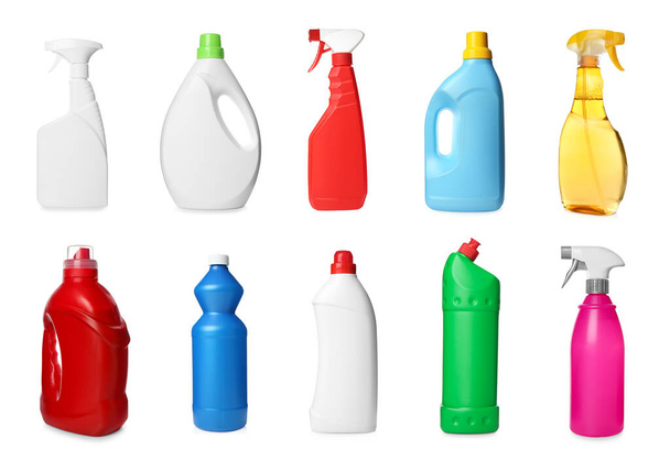 Set with different cleaning products on white background - Valokuva, kuva