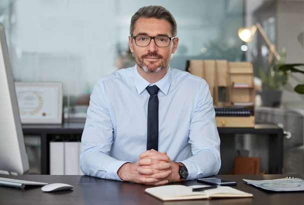 Ritratto di un uomo d'affari maturo seduto ad una scrivania in un ufficio moderno al lavoro. - Foto, immagini