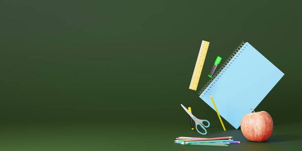 School stationery items on green background with free space for text. Creative, colourful background with school supplies. Banner with copy space. Ruler, pencil, scissors, apple. 3D rendering - Zdjęcie, obraz