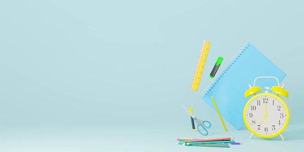 School stationery items on blue background with free space for text. Creative, colourful background with school supplies. Banner with copy space. Ruler, pencil, scissors, alarm clock. 3D rendering - Fotografie, Obrázek