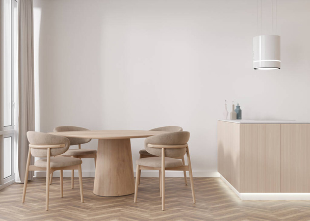 Leere weiße Wand im modernen Wohnzimmer. Innenausstattung im skandinavischen Stil modeln. Freier Kopierplatz für Ihr Bild, Ihren Text oder ein anderes Design. Tisch mit Stühlen. 3D-Rendering - Foto, Bild