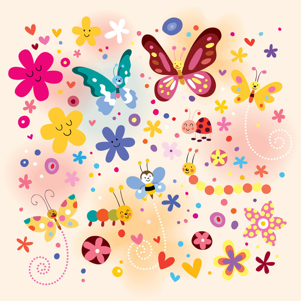 Butterflies, beetles, flowers pattern - Vector, Image