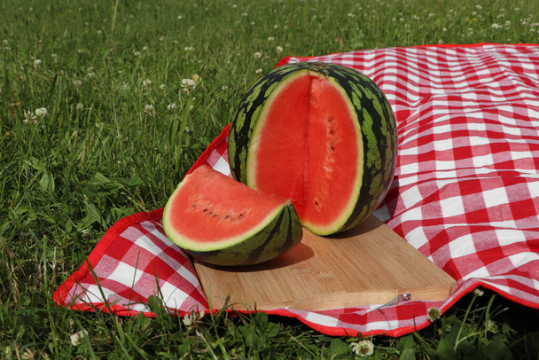 Delicious cut watermelon on red checkered blanket outdoors - Fotografie, Obrázek