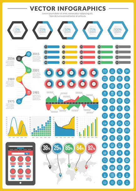 Big pack of data visualization vector infographics and design elements with business bar, charts, graph, diagrams and icon set for brochures, flyers and websites - Vetor, Imagem