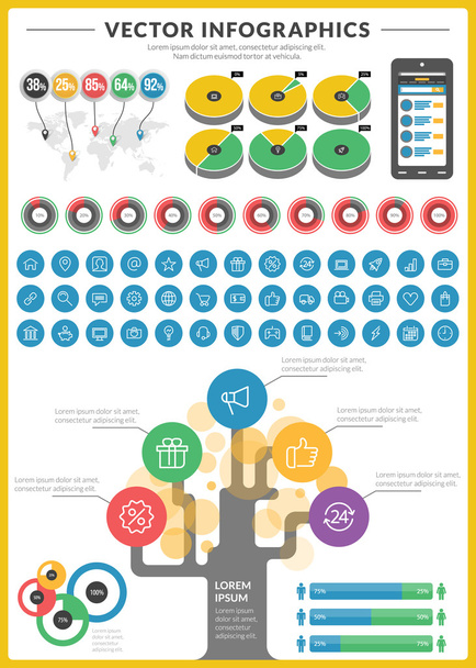 Big pack of data visualization vector infographics and design elements with business bar, charts, graph, diagrams and icon set for brochures, flyers and websites - Vector, Imagen
