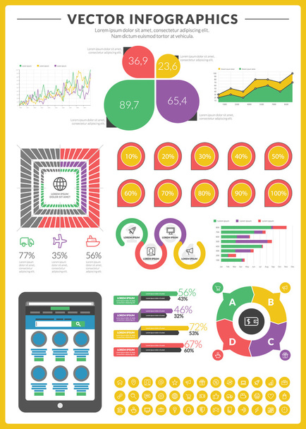 Grande pacchetto di dati di visualizzazione vettoriale infografica ed elementi di design con business bar, grafici, grafici, diagrammi e set di icone per brochure, volantini e siti web
 - Vettoriali, immagini