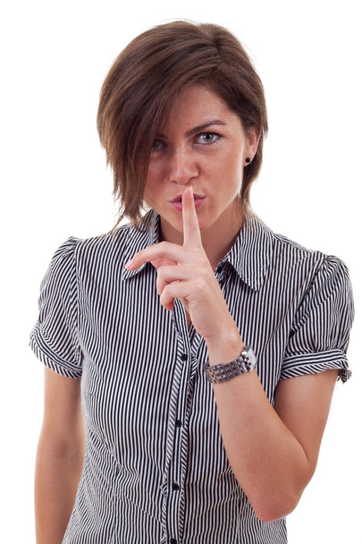 Mujer de negocios sosteniendo su dedo cerca de la boca
 - Foto, Imagen
