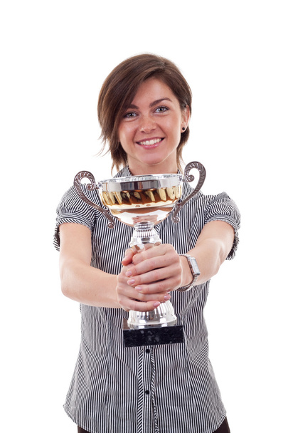Mujer de negocios mostrando su gran trofeo
 - Foto, Imagen