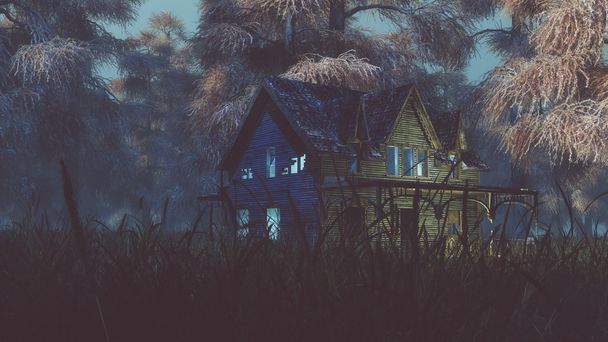 Maison abandonnée avec des lumières sur le terrain dans la forêt d'automne brumeuse à n
 - Photo, image