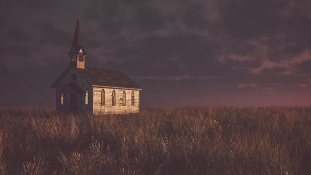 Ancienne chapelle abandonnée en bois blanc sur prairie au coucher du soleil avec clou
 - Photo, image