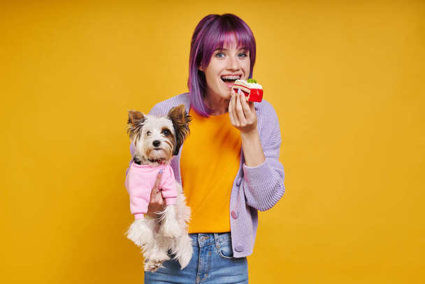 Playful young woman carrying little dog and eating cake while standing against yellow background - Fotoğraf, Görsel
