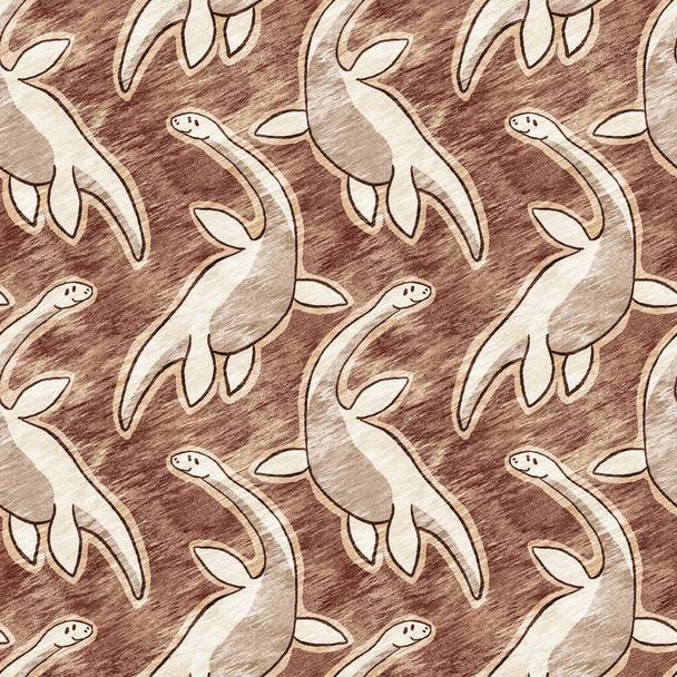 Brown hand drawn plesiosaur dinosaur seamless pattern. Gender Neutral Jurassic fossil silhouette for baby nursery. Gender neutral home decor for museum, extinction and textile design  - Photo, image