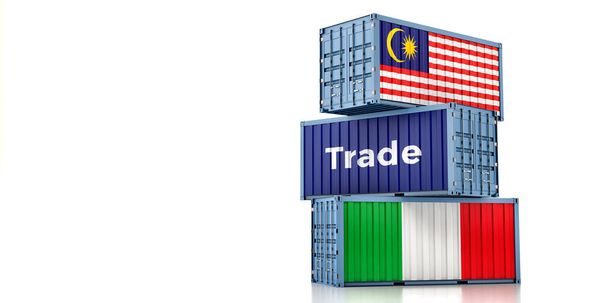 Cargo containers with Malaysia and Italy national flags. 3D Rendering - Foto, imagen