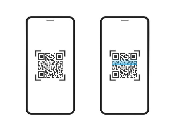 Smartphone con escaneo de código QR y código de barras. Código de barras realista de escaneo de teléfono negro. Vector aislado en blanco. - Vector, Imagen