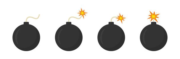 Bomb with burning wick set. Dynamite ball weapon flat element collection. Boom effect. Vector isolated on white. - ベクター画像