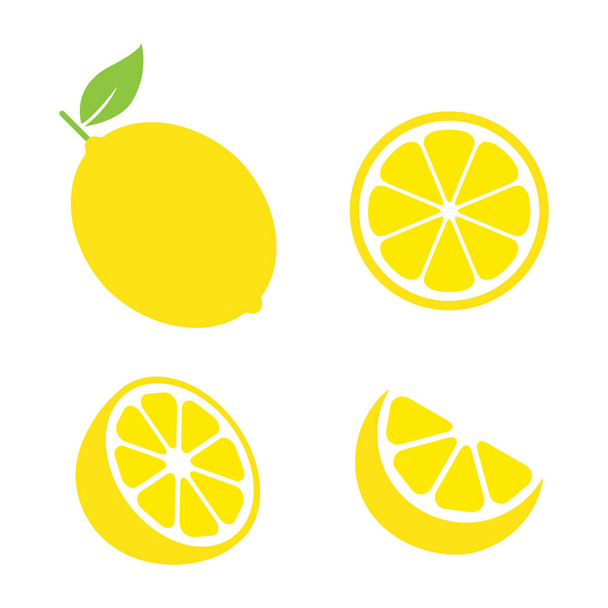 Lemon cut slices vector set. Whole, half and slice chopped lemon fruit flat collection. Citrus elements group. Illustration isolated on white background. - Vector, afbeelding
