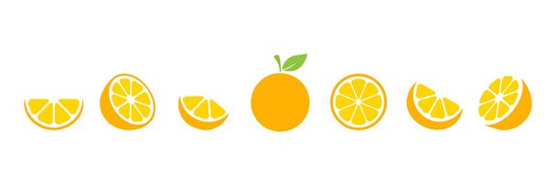 Помаранчеві скибочки набір. Цілий, половина і скибочка подрібнених апельсинових фруктів. Векторні ілюстрації ізольовані на білому тлі
. - Вектор, зображення