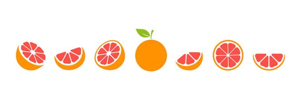 Grapefruit slices set. Whole, half and slice chopped grapefruit fruit collection. Citrus elements group. Vector illustration isolated on white background. - Vektor, obrázek