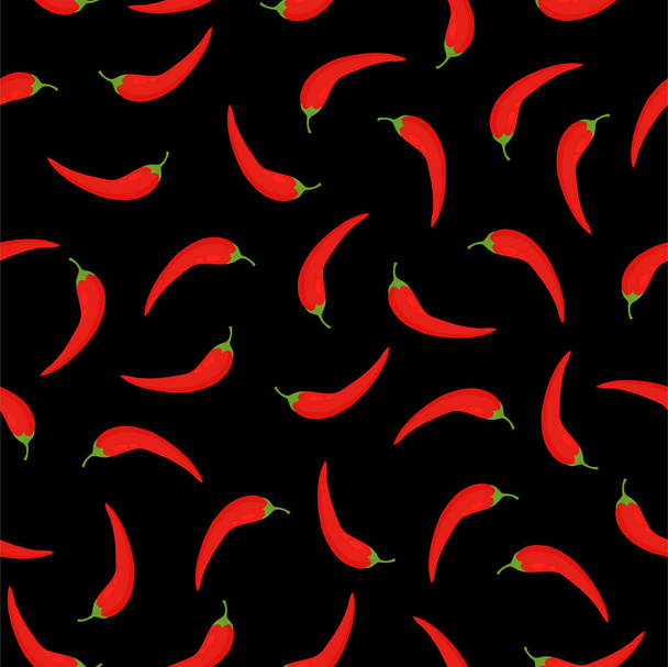 Red hot chilli peppers seamless pattern. Vector illustration on black background. - Vector, imagen