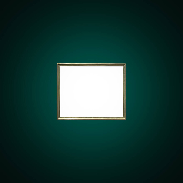 Antique art fair gallery frame on royal green wall at auction house or museum exhibition, blank template with empty white copyspace for mockup design, artwork concept - Foto, Imagen