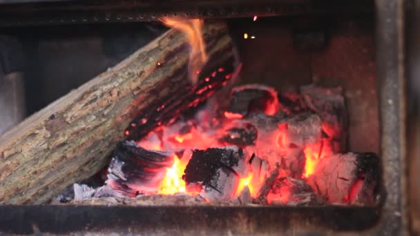 burning firewood in a potbelly stove.flaming fire in a wood-burning stove retro. High quality FullHD footage - Video