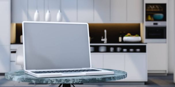Современный открытый нетбук с пустым макетом экрана размещен на столе в светлой кухне стильной квартиры с различной бытовой техникой. 3D рендеринг - Фото, изображение