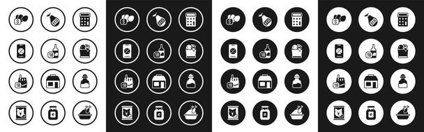 Set Calculator Wine bottle Percent discount and mobile Price tag for egg Shopping bag food Healthy organic pear Spice can and Cigarettes pack box icon. Vector. - Vector, Image
