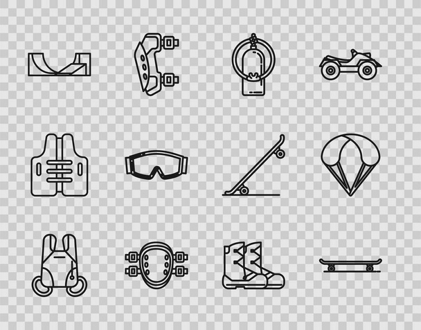 Set line Parachute Skateboard Aqualung Knee pads park Ski goggles Boots and icon. Vector. - ベクター画像