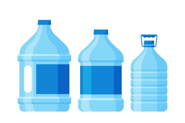 Пластикові циліндри або пляшки з кришками, ручками та етикетками для чистої води та напоїв. Пластикова упаковка для напоїв, мінеральна вода ізольовані елементи на білому тлі. Мультфільм Векторні ілюстрації
 - Вектор, зображення