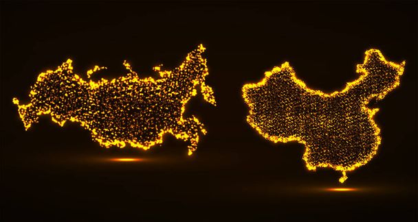Union Russia and China, maps with glowing particles. Vector illustration - Vettoriali, immagini
