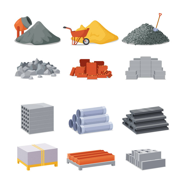 Construction and Building Materials Isolated Icons. Concrete Mixer, Pile of Cement, Trolley With Sand and Gravel. Shovel, Stones, Bricks, Beams and Pipes with Roof Tiling. Cartoon Vector Illustration - Vector, Image
