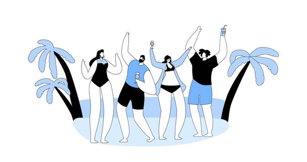 Пляж на екзотичному тропічному курорті. Молоді люди в плаванні танцюють і п'ють коктейлі на узбережжі в літній час на тропічному ландшафті з пальмами і видом на океан. Linear Vector Illustration - Вектор, зображення