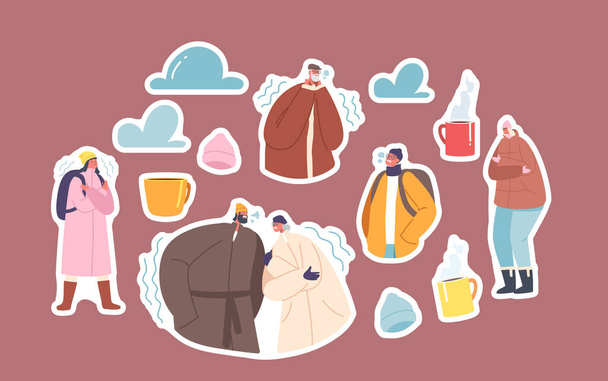 Set of Stickers Freezing People at Wintertime Season Freeze, Male and Female Characters Wear Warm Winter Clothes Suffering of Low Minus Degrees Temperature at Cold Weather. Cartoon Vector Patches - Vektor, Bild