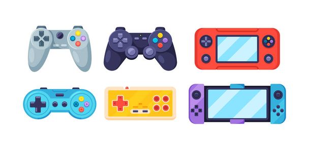 Set Of Colorful Gamepads, Gamer Consoles and Controllers for Videogame. Modern Gadgets in Different Colors, Joysticks for Cyberspace Games Isolated On White Background. Cartoon Vector Illustration - Vettoriali, immagini