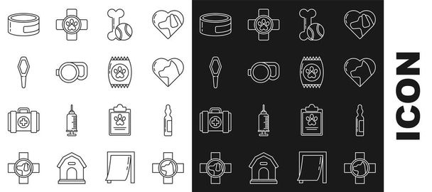 Set line Veterinary clinic symbol Pets vial medical Heart with cat toys bone rubber and ball Retractable cord leash Canned food and Bag of for pet icon. Vector. - ベクター画像
