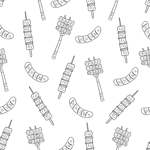 Seamless barbecue pattern design. Hand drawn barbecue food pattern design in vector. Doodle barbecue illustrations pattern. - Vector, imagen