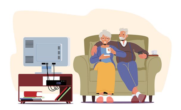 Senior Couple Man and Woman Watching Tv Set, Old Characters Sitting on Comfortable Couch Having Fun, Elderly People Relaxation and Sparetime Isolated on White Background. Cartoon Vector Illustration - ベクター画像