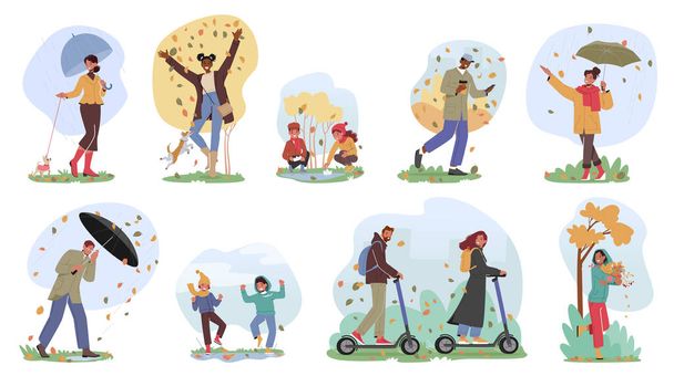 Set van personages lopen op herfstdag. Man en vrouw rijden elektrische scooters in het park, mensen lopen, spelen met bladeren, kinderen springen op plassen, Gelukkig Buiten Activiteiten. Cartoon Vector Illustratie - Vector, afbeelding