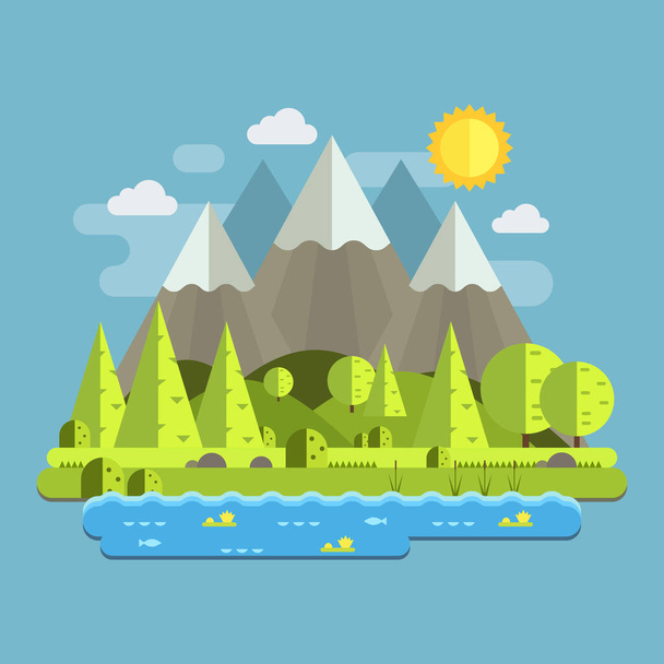 Summer  landscape. Morning in the mountains. Solitude in nature by the river. Weekend in the tent. Hiking and camping. Vector flat illustratio - Vector, afbeelding