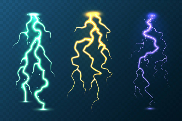 Realistische bunte Blitz-Kollektion auf blauem Hintergrund. Gewitter und Blitz. Lichtfunken. Stürmisches Wetter. Vektorillustration. - Vektor, Bild