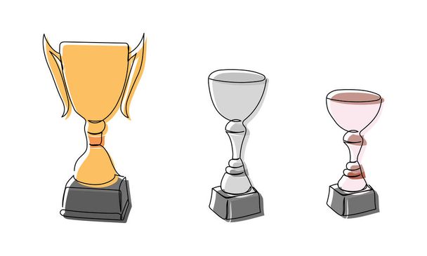 Winners goblets colored one line art. Continuous line drawing of sport, award, distinction, victory, trophy, first, gold, silver, bronze, championship, tournament, triumph competition color Hand drawn - Vektor, Bild