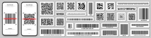 Productbarcodes en QR-codes. Smartphone applicatie, scanner app. Identificatiecode. Serienummer, product-ID met digitale informatie. Winkel, supermarkt scan labels, vector prijskaartje - Vector, afbeelding