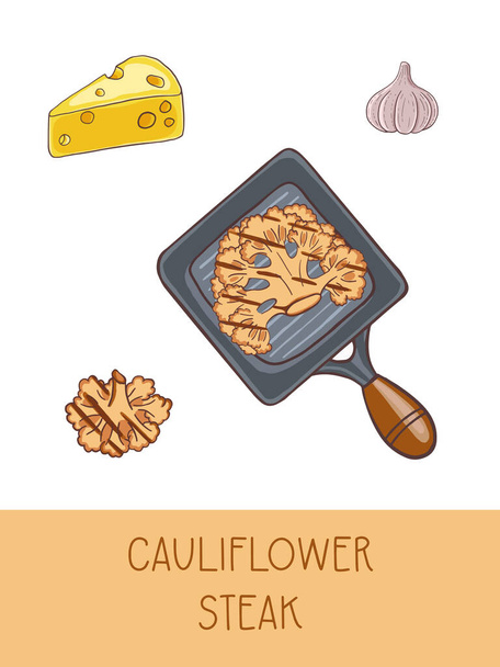Cauliflower steak banner vector illustration. Cabbage, garlic, cheese ingredients for great dinner delicious - Vetor, Imagem