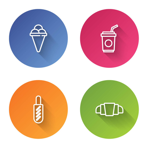 Set line Ice cream in waffle cone, Paper glass with straw, Hotdog sandwich and Croissant. Color circle button. Vector. - Vector, Image